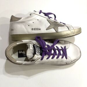 Golden Goose White Sneakers with Purple Laces and Gold Star - Size 39